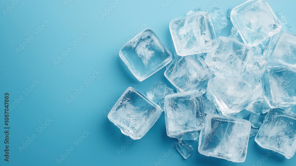 Close-up of transparent ice cubes on a blue background, showcasing their texture and clarity. Close-up of transparent ice cubes on a blue background, showcasing their texture and clarity.