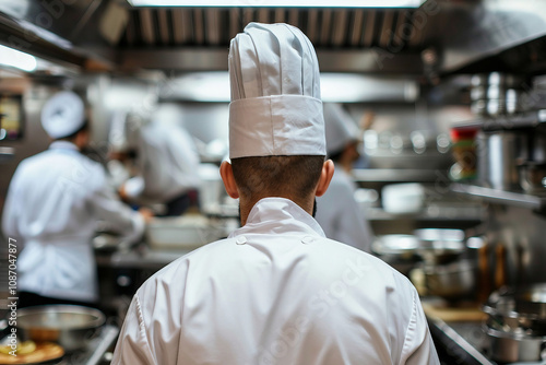 Generative AI Depiction of a Professional Male Chef Working in a Busy Restaurant Kitchen photo