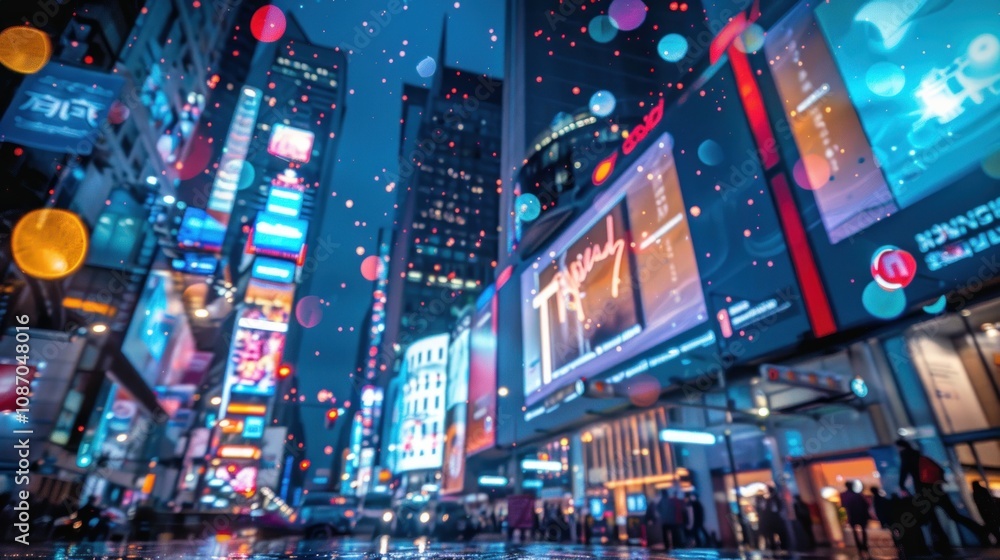 Obraz premium A vibrant night scene in a bustling city, with illuminated billboards and a glowing sky.