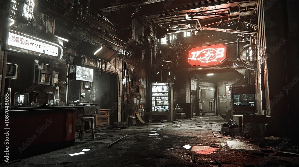 Dark, gritty alleyway with neon signs, showing urban decay and a dystopian atmosphere.