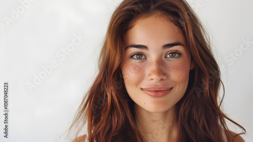 portrait of young happy woman looks in camera highlighted by white, cinematic, png