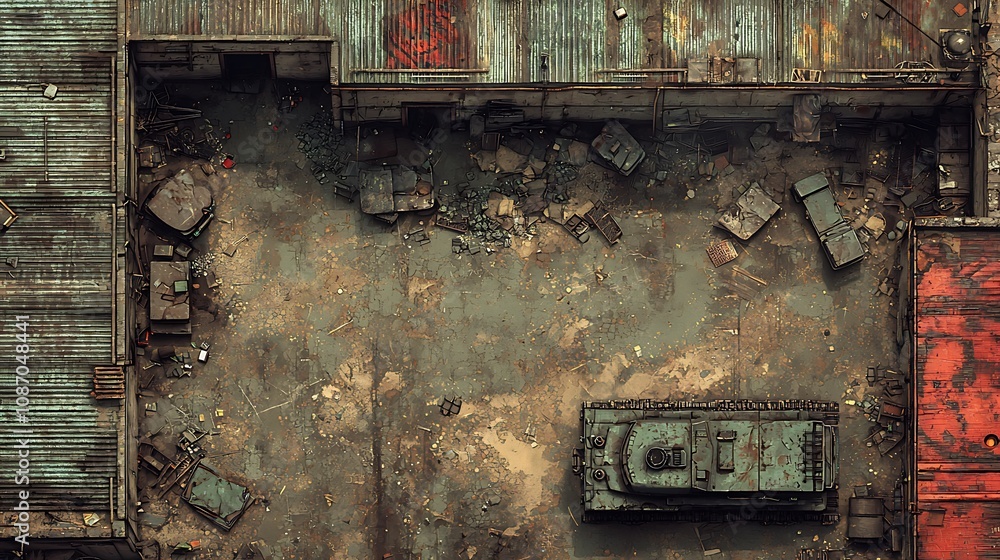 Aerial View of Abandoned Tank in a Derelict Industrial Area; Post-Apocalyptic or War Zone Scene. Aerial View of Abandoned Tank in a Derelict Industrial Area; Post-Apocalyptic or War Zone Scene.