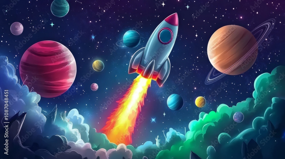 Naklejka premium A colorful cartoon vector illustration of an animated rocket taking off into space, surrounded by planets and stars.