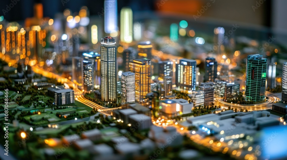 Illuminated cityscape architectural model at night. Illuminated cityscape architectural model at night.