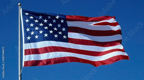 U.S. flag waving in front of iconic buildings, symbolizing national pride