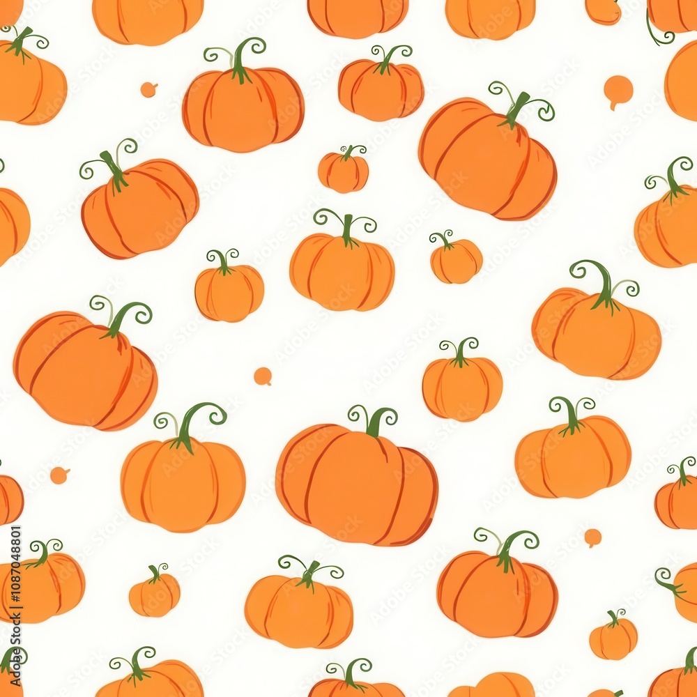 Cute seamless pattern with hand-drawn orange pumpkins of various sizes scattered on white background. Green curly stems add whimsical touch. Perfect for autumn and Thanksgiving designs.
Cute seamless pattern with hand-drawn orange pumpkins of various sizes scattered on white background. Green curly stems add whimsical touch. Perfect for autumn and Thanksgiving designs.