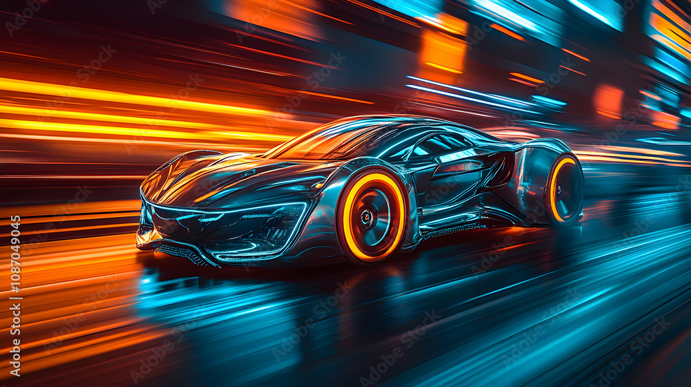 A Futuristic Sports Car Blazing Through a Cityscape with a Motion Blur Effect A Futuristic Sports Car Blazing Through a Cityscape with a Motion Blur Effect