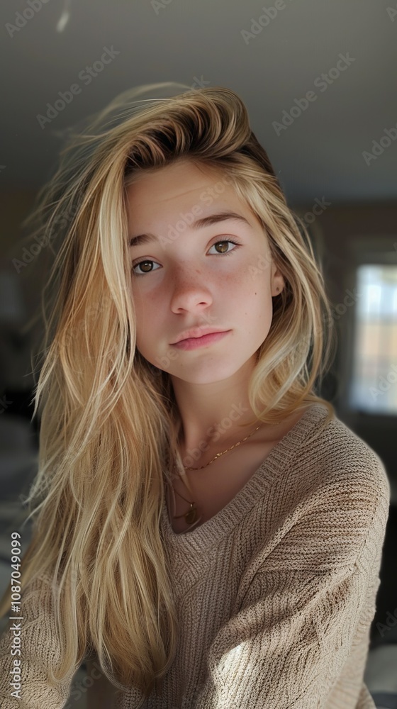 Teen girl with blonde highlights in her hair, looking straight into the camera. Teen girl with blonde highlights in her hair, looking straight into the camera.