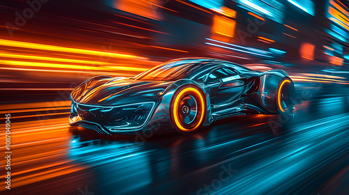 A Futuristic Sports Car Blazing Through a Cityscape with a Motion Blur Effect