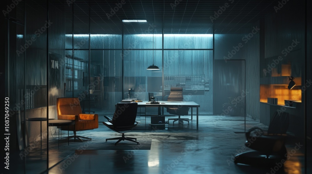 Dark, moody office interior with glass walls, modern furniture, and ambient lighting. Dark, moody office interior with glass walls, modern furniture, and ambient lighting.