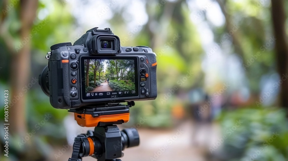 Camera on a tripod displaying a blurred image of a garden path. Camera on a tripod displaying a blurred image of a garden path.