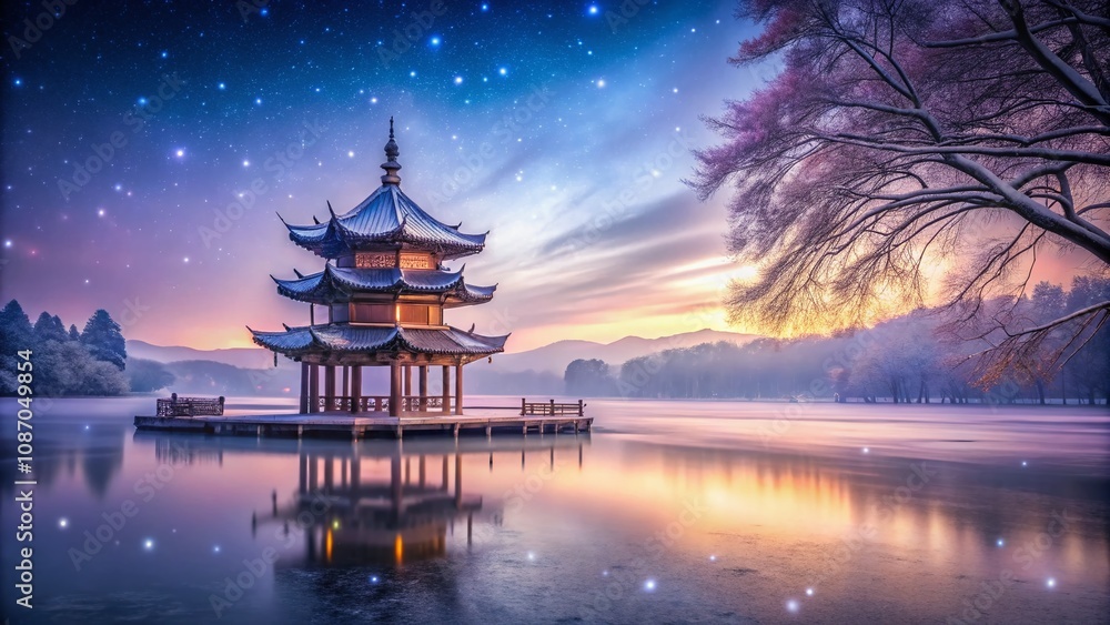 Fototapeta premium Surreal Winter Wonderland: A Majestic Snowy Pagoda Standing Alone on a Frozen Lake, Enveloped in Ethereal Mist and Glittering Snowflakes Under a Striking Twilight Sky