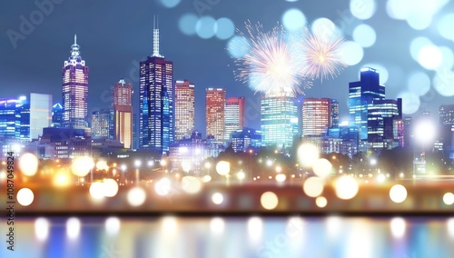 Blurred city skyline at night with fireworks celebrating New Year's Eve