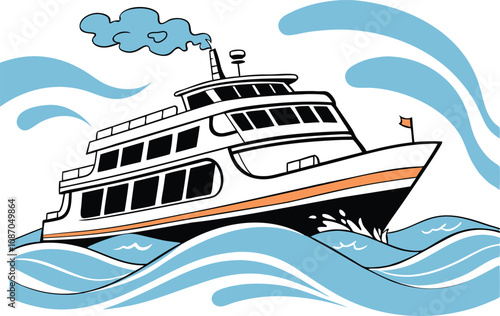 Modern Passenger ferry ship, A large modern double-decker Passenger ferry  marine transport boats with waves vector flat icons.