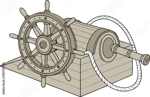 silhouette of nautical ship steering wheel and A ship's capstan, showcasing its intricate design and wooden structure. photo