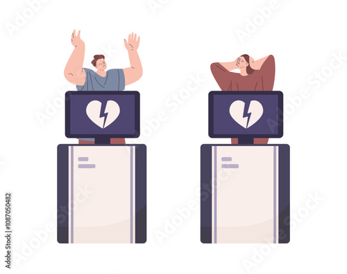 Dramatic male female with broken hearts on x-ray monitor. Disappointment in love relationship or friendship, romantic characters vector scene