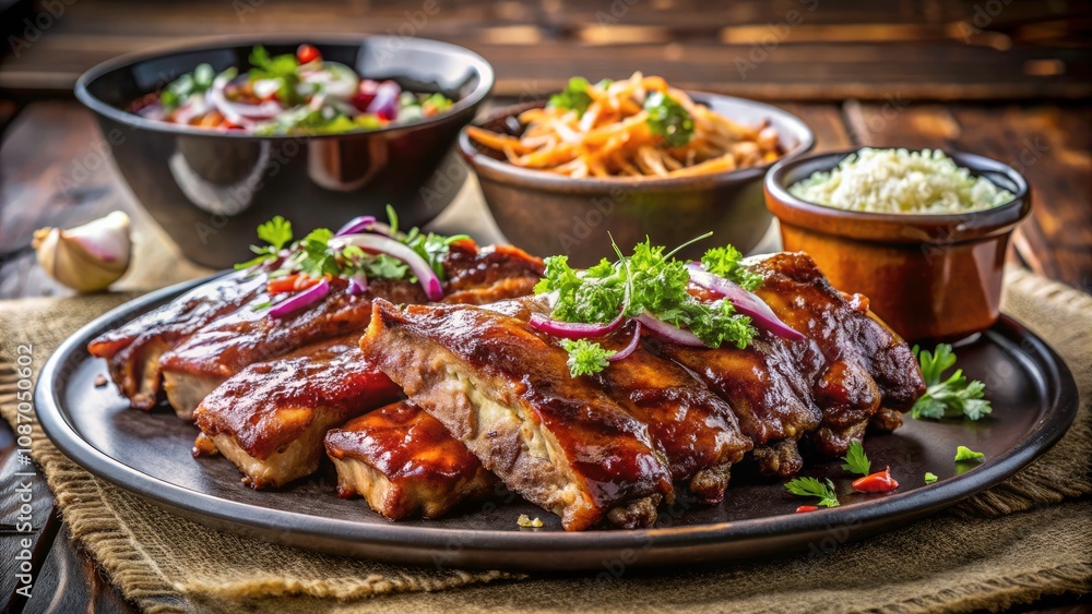 Grilled Pork Ribs with Smoky Barbecue Sauce and Coleslaw - BBQ Feast on a Platter Grilled Pork Ribs with Smoky Barbecue Sauce and Coleslaw - BBQ Feast on a Platter