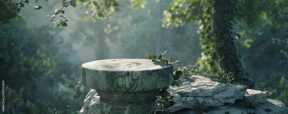 Empty short stone pedestal against a forest backdrop. 4K close-up illustration. Empty short stone pedestal against a forest backdrop. 4K close-up illustration.