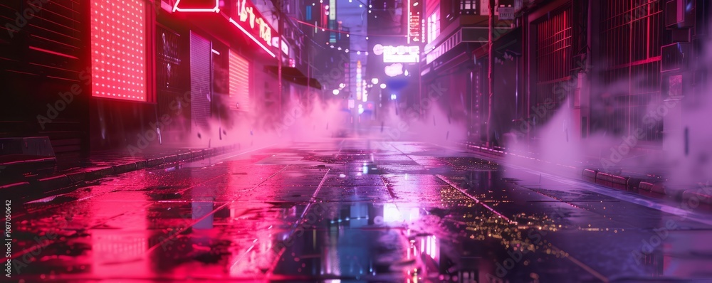 Neon-lit alley with rain-soaked pavement and steam rising, 4K hyperrealistic photo. Neon-lit alley with rain-soaked pavement and steam rising, 4K hyperrealistic photo.