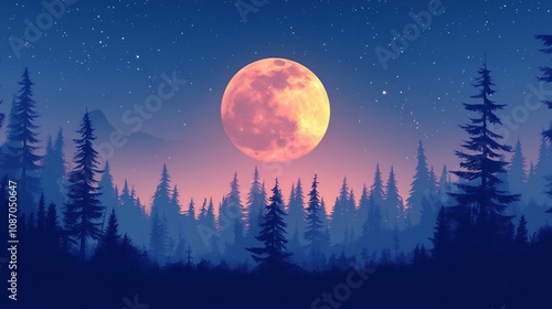 A full moon hangs over a silhouetted forest, casting an ethereal glow on the landscape.