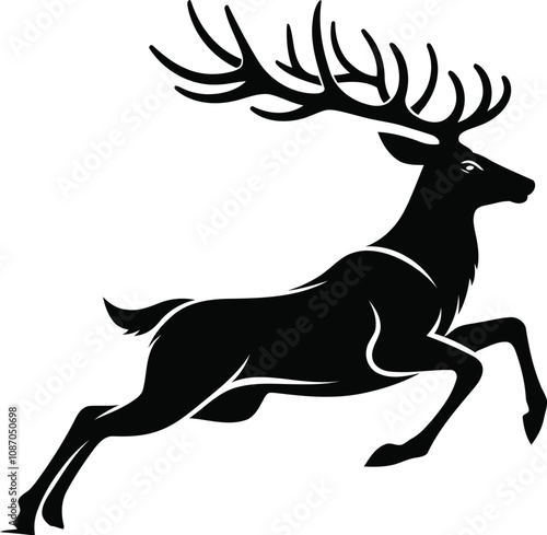 silhouette of a deer Reindeer with antlers , Black and white silhouette deer jumping vector art style with white background . photo