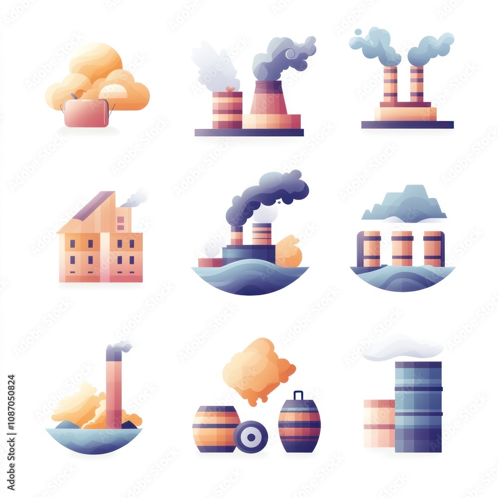 Collection of Industrial Factory Buildings with Smoke and Clouds Collection of Industrial Factory Buildings with Smoke and Clouds