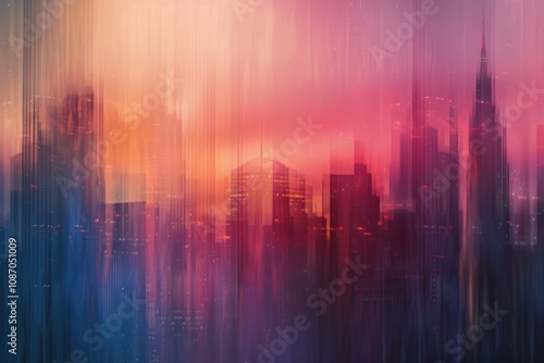 Modern blurred cityscape with skyscrapers and glowing vibrant lights