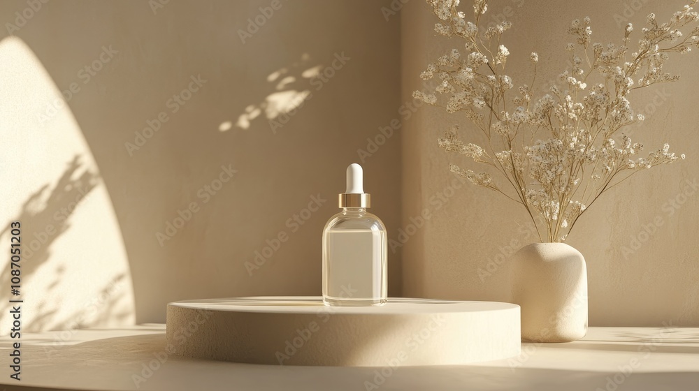 Glass dropper bottle on beige platform with dried flowers, sunlit. Glass dropper bottle on beige platform with dried flowers, sunlit.