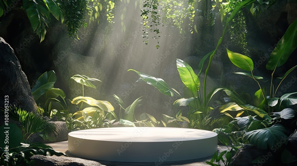 Sunlit round platform in lush jungle scene. Sunlit round platform in lush jungle scene.