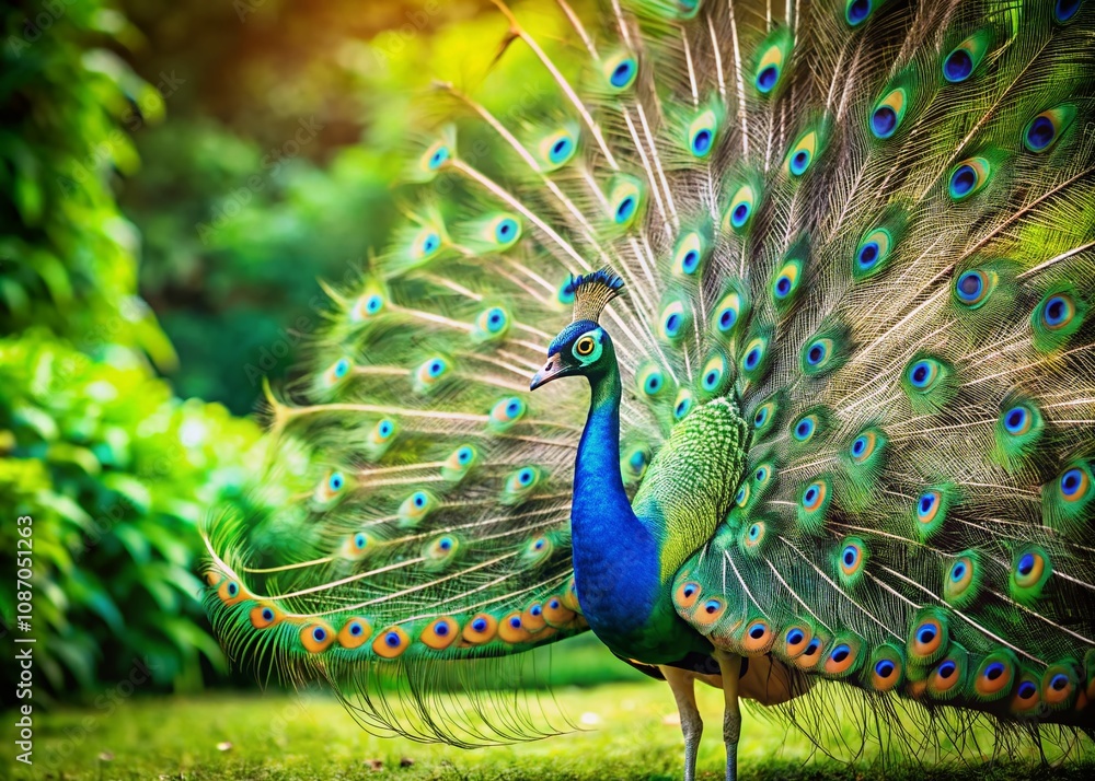 Obraz premium The Alluring Peacock Dance in Vibrant Colors with Elegant Feathers Displayed, Captivating Movement and Graceful Posture, Perfect for Nature and Wildlife Enthusiasts, Copy Space Available