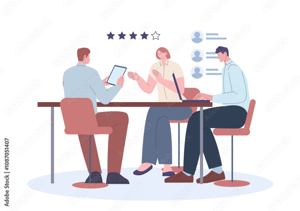 Female on job interview. Employer checks applicants rating and social networks, looks at friends and subscriptions. Women and men recruiters, vector scene Female on job interview. Employer checks applicants rating and social networks, looks at friends and subscriptions. Women and men recruiters, vector scene