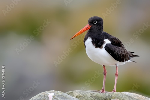 A black and white oystercatcher with a long orange beak stands on a rock against a blurred background.