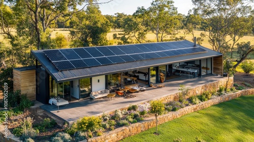 Modern Eco-Friendly Home with Solar Panels Surrounded by Lush Greenery and Scenic Landscape in Daylight