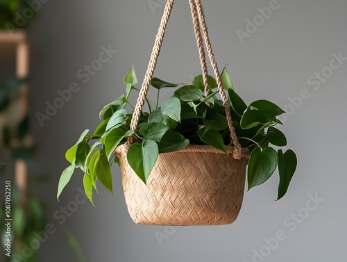 Hanging woven basket filled with trailing philodendrons and pothos plants showcasing natural woven fibers and lush cascading green vines with delicate leaves and tendrils