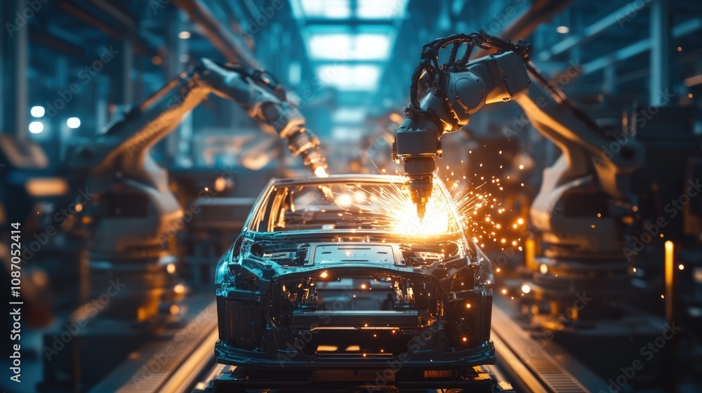Industrial Robot Welding a Car Body in a Factory Industrial Robot Welding a Car Body in a Factory