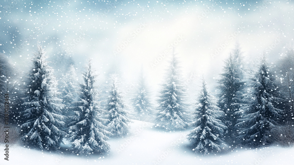 Tranquil Winter Wonderland with Snow-Covered Pines and Soft Sunrise Glow - Seasonal Background Tranquil Winter Wonderland with Snow-Covered Pines and Soft Sunrise Glow - Seasonal Background