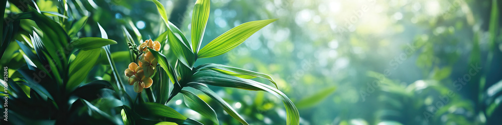 Rainforest: A close-up of a mysterious orchid, surrounded by lush foliage and dappled sunlight. Rainforest: A close-up of a mysterious orchid, surrounded by lush foliage and dappled sunlight.