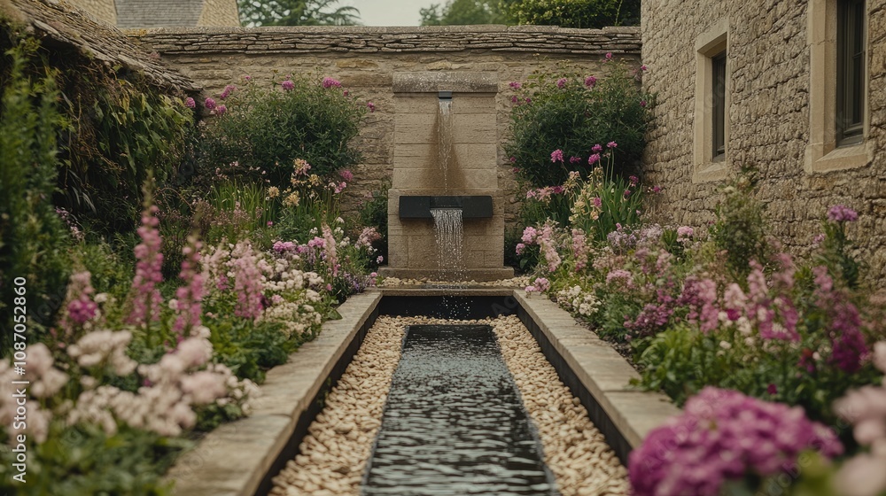 Fototapeta premium Tranquil Garden Oasis with Flowing Water and Lush Flowers in Serene Stone Landscape, Ideal for Relaxation and Nature-Inspired Decoration