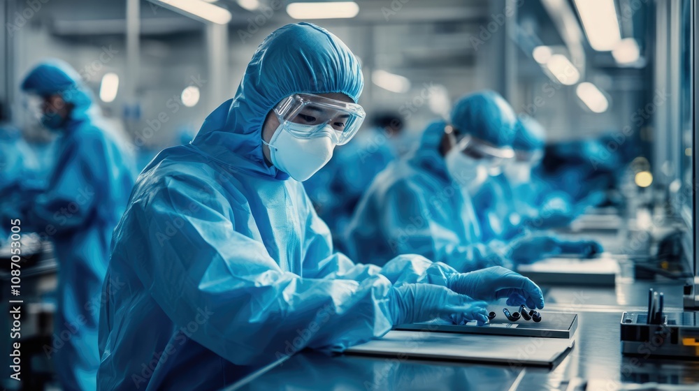 Worker in a Cleanroom Assembling Small Parts Worker in a Cleanroom Assembling Small Parts