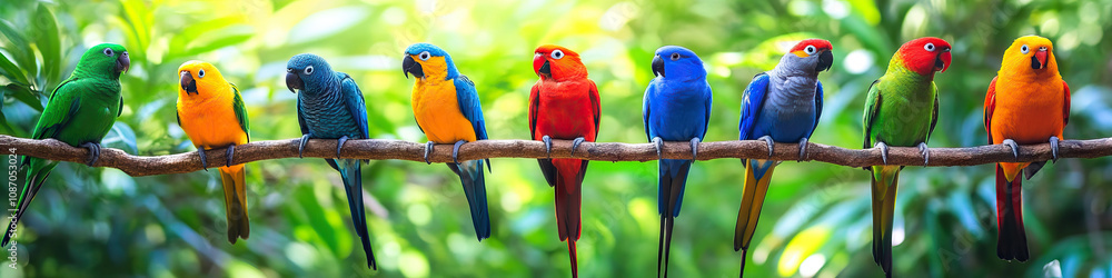Obraz premium Beaks and Feathers: A colorful array of exotic birds perched on branches in their natural habitat.