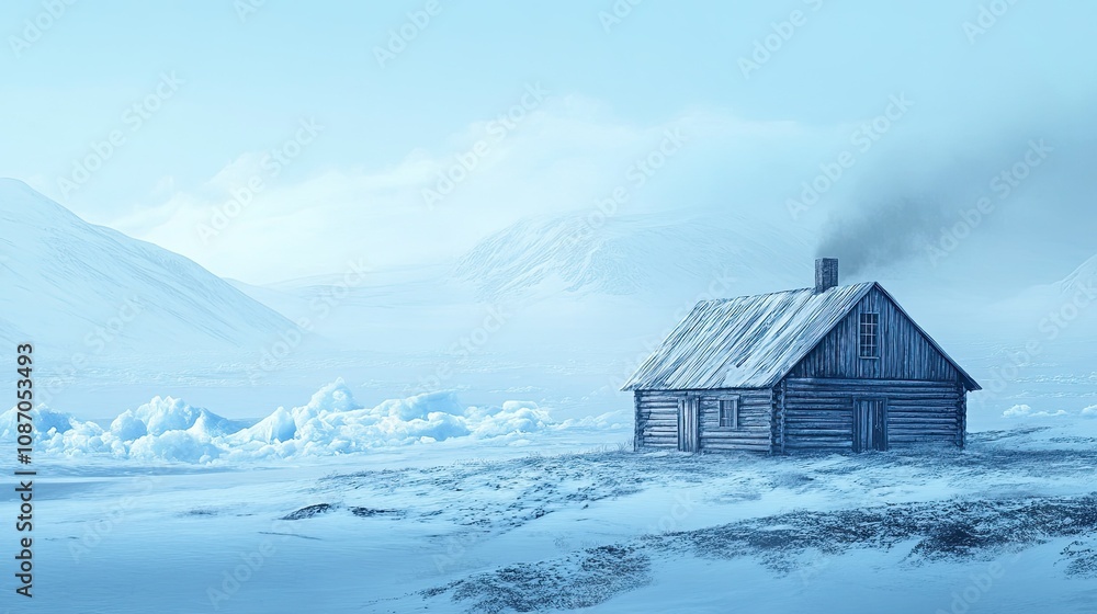 Fototapeta premium Wooden Arctic house surrounded by ice and snowy plains