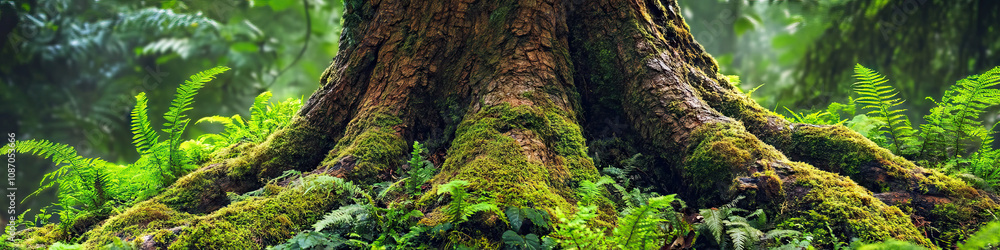 Ancient Roots of the Earth: A tree trunk, adorned with moss and ferns, standing tall amidst the lush foliage. Ancient Roots of the Earth: A tree trunk, adorned with moss and ferns, standing tall amidst the lush foliage.