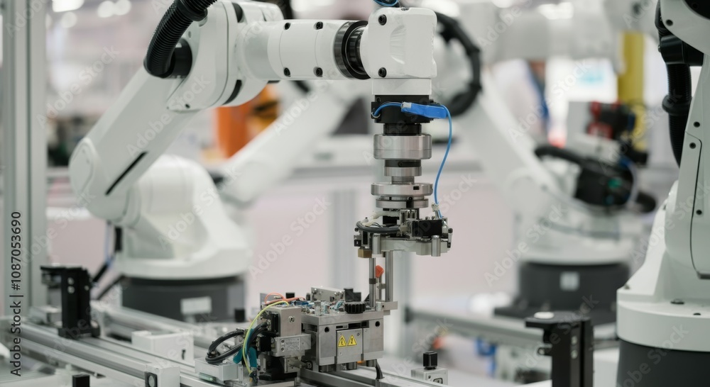 Automated industrial robots assembling machinery in manufacturing facility Automated industrial robots assembling machinery in manufacturing facility