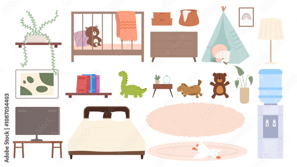 Fototapeta premium Home interior and accessories. Bed for baby and adults, children toys, carpets, cooler with water. Tv on table, plant, books on shelf, vector collection
