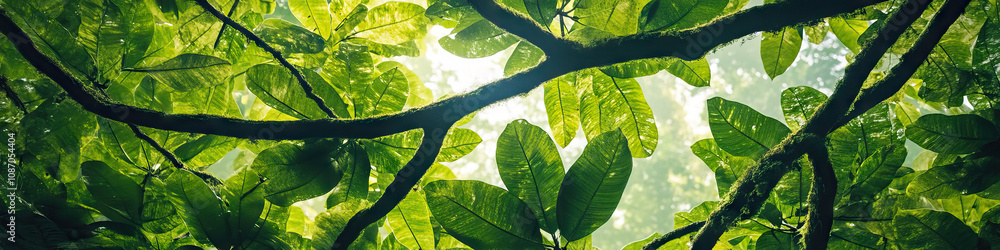 Lush Canopy of Life: A panorama of a dense rainforest, focusing on the vibrant green leaves and intertwining branches.