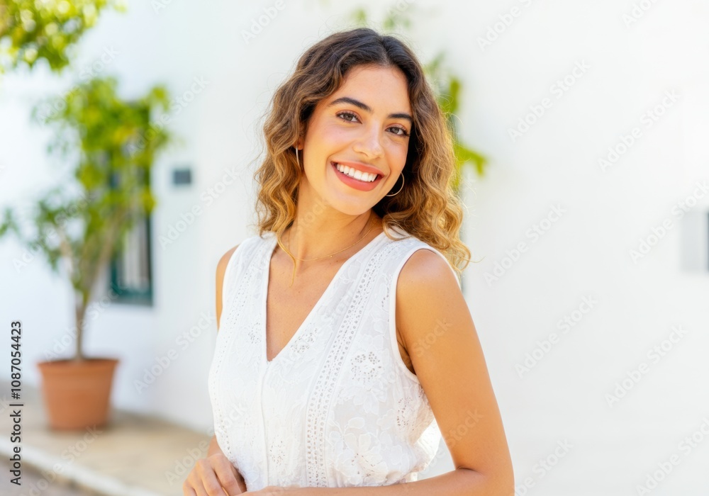 Smiling woman in white summer dress outdoors on a sunny day Smiling woman in white summer dress outdoors on a sunny day