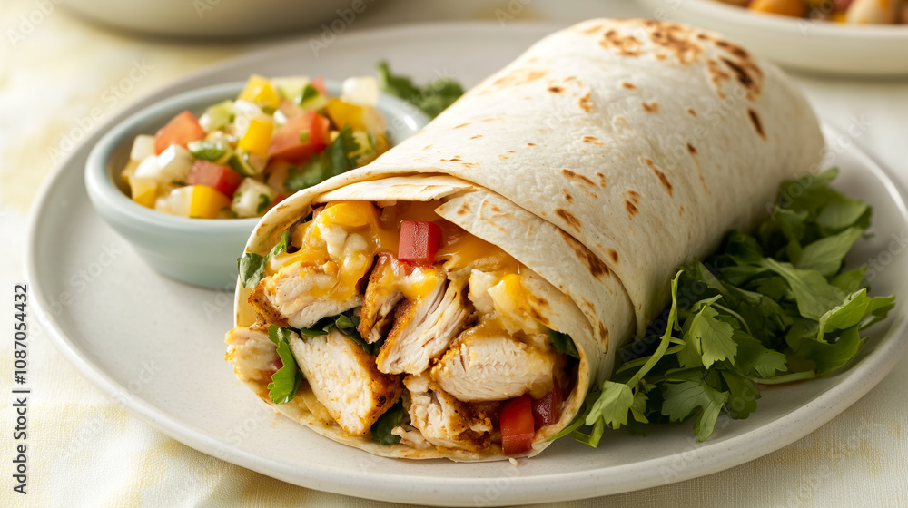 Healthy Grilled Chicken Burrito with Fresh Corn Salsa Side Dish on Light Surface - Nutritious Meal Option Healthy Grilled Chicken Burrito with Fresh Corn Salsa Side Dish on Light Surface - Nutritious Meal Option