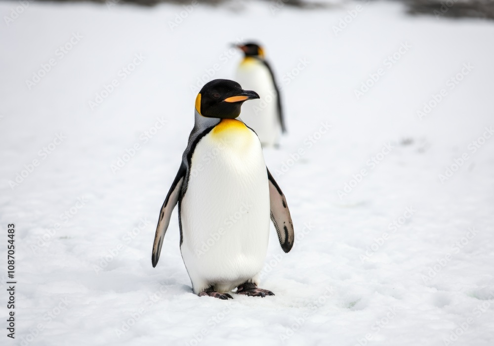 Fototapeta premium Two Emperor penguins standing on snowy Antarctic landscape