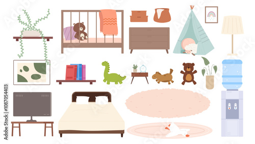 Home interior and accessories. Bed for baby and adults, children toys, carpets, cooler with water. Tv on table, plant, books on shelf, vector collection