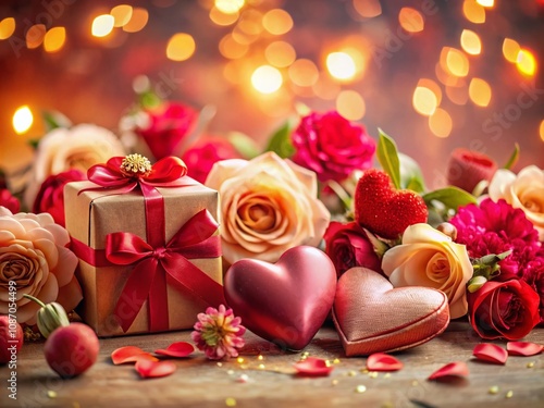 Romantic Valentine's Day Shapes in High Depth of Field with Hearts, Flowers, and Gift Boxes for Love Celebrations and Decor Inspiration